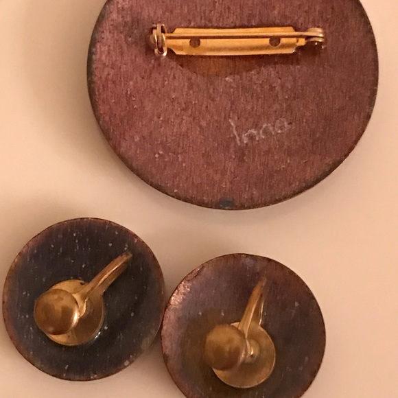 Enamel/copper brooch & earrings set signed Inga - Picture 3 of 5